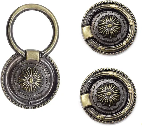 Vista 7 de Tiradores de cajones antiguos de bronce de 1.77 pulgadas para gabinete, 6 paquetes Anillos de tracción, manijas redondas para cajones, perilla