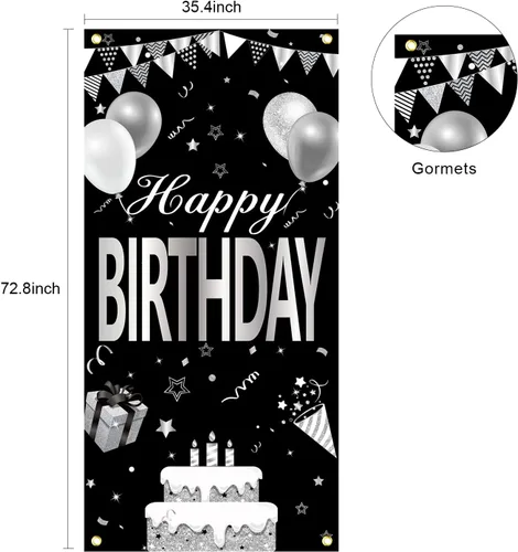 Vista 2 de Cartel de feliz cumpleaños negro y blanco plateado para hombres y mujeres, cubierta de puerta de feliz cumpleaños, suministros de fiesta, póster