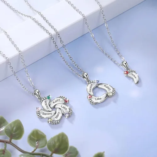 Vista 6 de Collar personalizado con nombre de pies de bebé para madre y mamá con 1 a 6 nombres, piedras natales, collar con colgante de pies de bebé