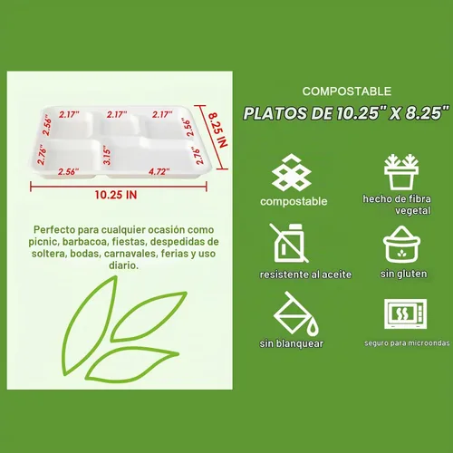 Vista 3 de Vplus Platos 100% compostables con 5 compartimentos, paquete de 125 platos ecológicos desechables de caña de azúcar de 10 x 8 pulgadas, bandeja