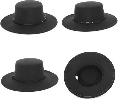 Vista 2 de EOZY Sombrero de fieltro clásico para mujeres y hombres, sombrero de fieltro de ala ancha, parte superior plana, sombrero de jazz Panamá, sombrero