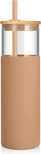 Vista 11 de Tronco Vaso de vidrio de 28 onzas con tapas y pajilla, taza reutilizable para café helado y vaso para batidos con tapa de bambú, funda de silicona