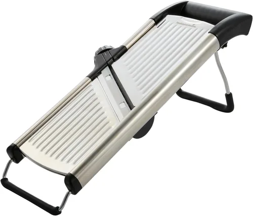 Vista 21 de Restaurantware Rebanadora de mandolina ajustable de acero inoxidable, cortador de verduras estándar alemán con protector de cuchilla, guantes