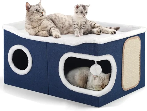 Vista 10 de Casa de Gato de 2 Pisos para Gatos de Interior, Separable en 2 Grandes Camas de Gato Cueva con Condominios Escondidos, Almohadillas para Rascar