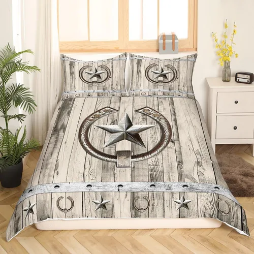 Vista 13 de Funda de edredón de herradura con diseño de estrellas de Texas, estilo occidental, rústico, verde azulado, juego de ropa de cama individual