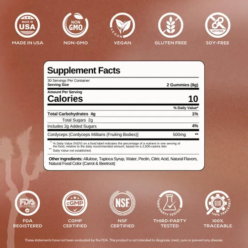 Vista 3 de MYCL Spark Cordyceps - Gomitas de hongos para energía y resistencia - Cuerpos frutales Cordyceps de 500 mg - Gomitas de hongos para adultos y niños