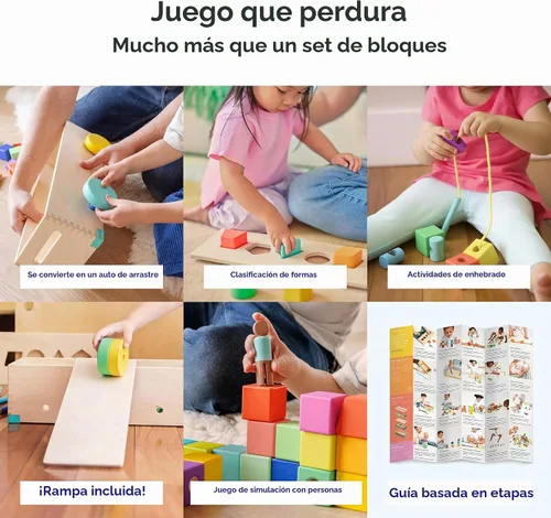 Vista 2 de LOVEVERY El Juego de Bloques Bloques de Construcción de Madera Maciza y Formas + Caja de Almacenamiento de Madera, 70 Piezas, 18 Colores, Más