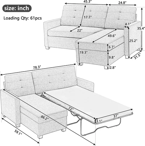 Vista 2 de LUMISOL Sofá cama modular de lino de tela en forma de L con diván de almacenamiento, 78.3 pulgadas de ancho, sofá cama pequeño convertible