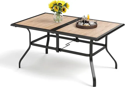 Vista 13 de PHI VILLA Mesa rectangular de comedor con listones de acero metálico para 6 personas con agujero ajustable para paraguas, resistente a la intemperie