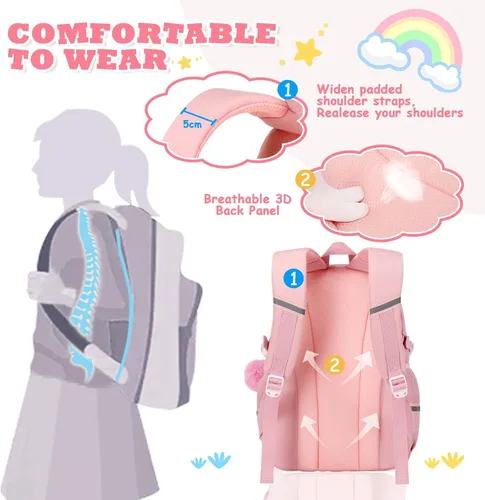 Vista 3 de Mochila Kawaii para niñas, mochila para escuela, bonita mochila con múltiples bolsillos, mochila de moda para escuela primaria y secundaria, Rosado