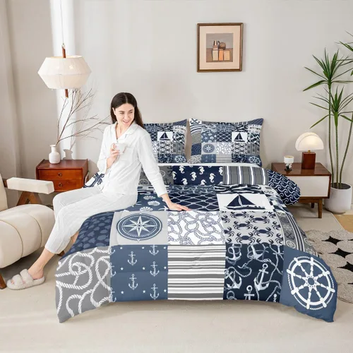 Vista 23 de Juego de edredón Lake House tamaño Twin, juego de ropa de cama náutica de navegación con ancla de 2 piezas para decoración de habitación de niños