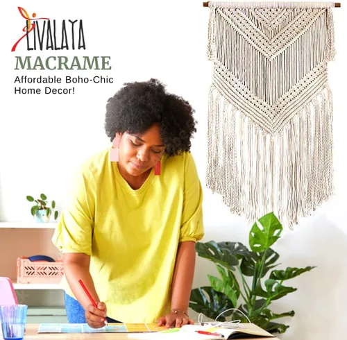 Vista 2 de Livalaya Tapiz bohemio tejido de macramé para colgar en la pared, color beige, 16 x 36 pulgadas, moderno tapiz bohemio para decoración de pared