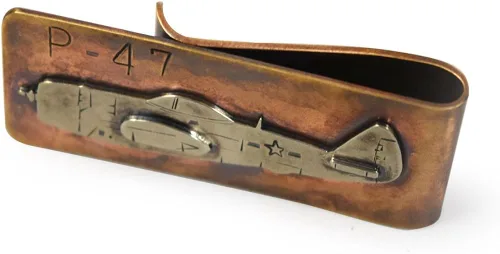 Vista 2 de artisan-crafted Money Clip de bronce con P-47Fighter, diseño de avión