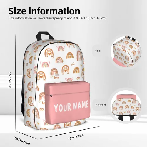 Vista 4 de Mochila personalizada para niñas y niños, mochilas personalizadas con nombre para niños, mochila escolar personalizada para viajes, Rainbow-rosado