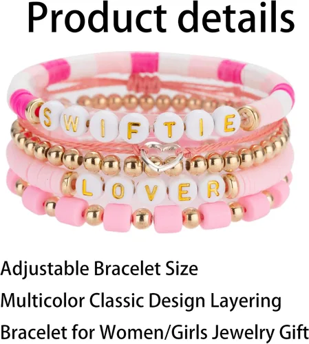 Vista 2 de DEXKWEN Taylor Lover Swifitie Superstar Fearless - Pulsera para borrar música, verano, playa, bohemio, juego de pulseras multicolor para mujeres