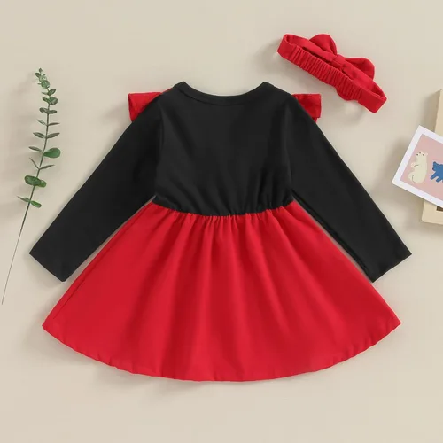 Vista 7 de Trajes de Navidad para niñas pequeñas, vestido de manga larga, falda vintage de encaje de una pieza, vestido de fiesta de terciopelo rojo, vestido
