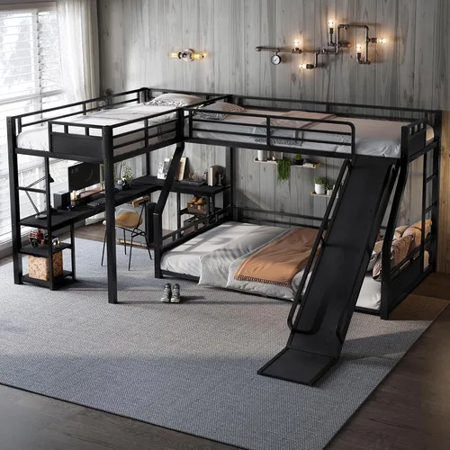 Vista 20 de Twin Size L-Shaped Gaming Loft Bed with Dual Built-in Desks，Black+Blue-P
