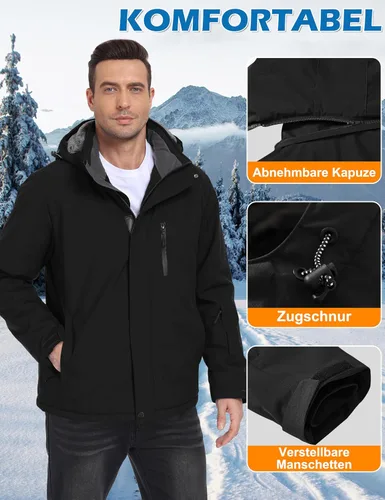 Vista 5 de Chaqueta de esquí para hombre, impermeable, con forro de vellón, abrigo de nieve cálido, cortavientos, con capucha, para el invierno