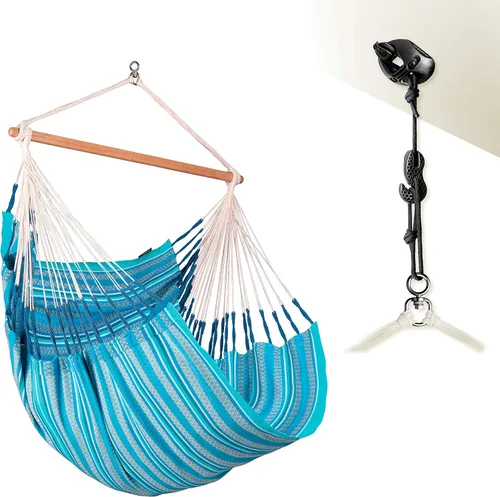 Vista 11 de LA SIESTA® - Silla Hamaca Grande y Cómoda de Algodón Habana & CasaMount - Silla Colgante con Kit de Suspensión para Paredes, Techos y Vigas Café