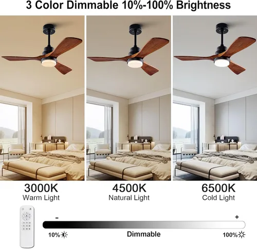 Vista 3 de Ventiladores de techo para exteriores de 42 pulgadas con luces y control remoto, ventiladores de techo regulables de madera de 3 aspas para patios