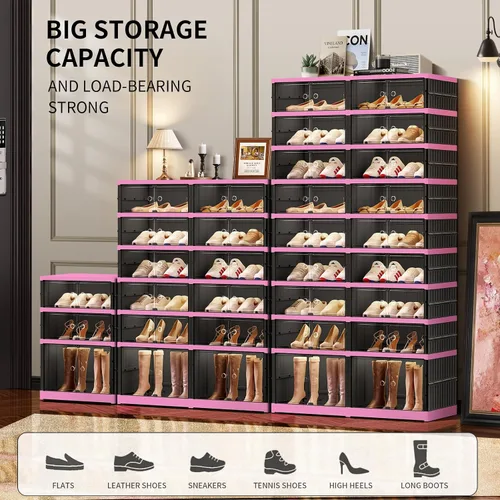 Vista 4 de CIMLORD Zapatero plegable ancho de 6 niveles con puertas para 24 pares, negro-rosa Zapatero grande plegable para 24 pares, se pliega compacto.