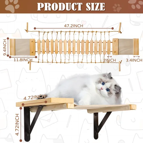 Vista 2 de Calmbee Estantes de Pared para Gatos, Muebles de Pared para Gatos Puente para Gatos de 70" Montaje en Pared Percha para Gatos Hamaca de Madera Árbol