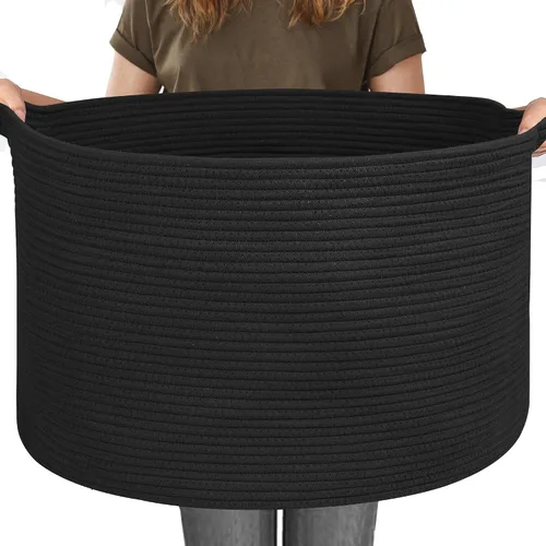 Vista 24 de MEGASKET Cesta grande de manta negra, 22 x 22 x 14 pulgadas, contenedor de cuerda tejida para almacenamiento, caja de almacenamiento de juguetes