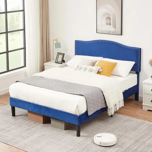 Vista 8 de VECELO Base de cama tamaño Queen, base de cama de plataforma con cabecera tapizada de altura ajustable, marcos resistentes y fuerte soporte