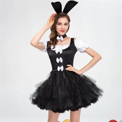 Vista 7 de DSODAN Women Casual Fashion Retro Gothic Bunny Dress Round Neck Dress Mini Mesh Dress