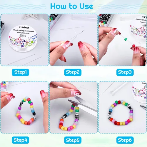 Vista 5 de cridoz - Cuerda elástica para pulseras, 5 rollos de cuerda elástica transparente, cuerda elástica para joyería con 2 agujas de cuentas para cuentas