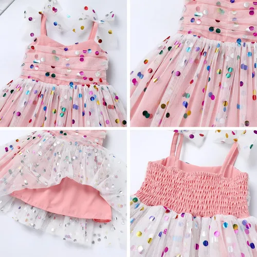 Vista 3 de Vestido tutú para niña, sin mangas, fruncido, vestido de verano con lentejuelas brillantes, lunares, estrellas, princesa, vestido de tul