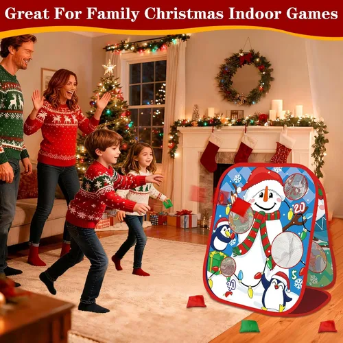 Vista 2 de Juegos de Fiesta de Navidad para Niños y Adultos, Juego de Lanzamiento de Bolsita con Tablero Plegable de Dos Caras de Estilo Cornhole con 8