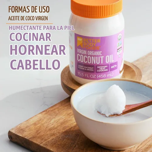 Vista 2 de BetterBody Foods - Aceite de coco virgen orgánico de 15.5 onzas Aceite de coco virgen, cabello, piel, aceite para hornear, MCTs, sabor tropical