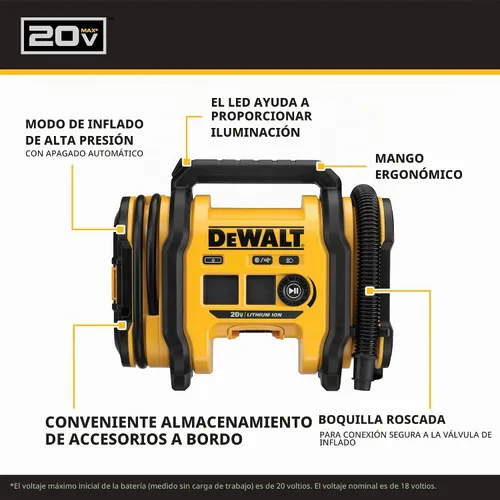 Vista 2 de DEWALT Inflador de neumáticos, compresor de aire portátil de 20V MAX, bomba de aire para automóvil con apagado automático, luz LED, solo herramienta