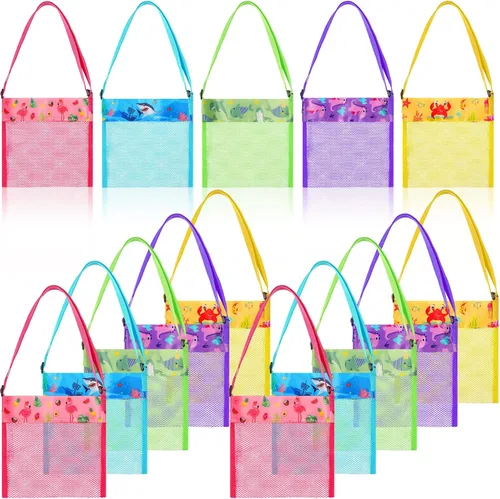 Vista 2 de Frienda - Paquete de 15 bolsas de malla para la playa, bolsas de concha, bolsa organizadora de juguetes para guardar la playa, juguetes para niños