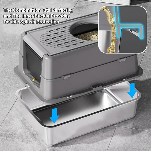 Vista 6 de Caja de arena para gatos de acero inoxidable con tapa, caja de arena de metal cubierta cerrada con tapa abatible de 180°, caja para gatos de alta