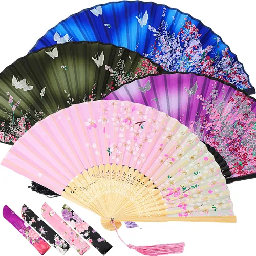 Vista 28 de Zonon 4 Pack de abanicos de mano florales plegables, abanicos de seda de bambú con borla para mujer, abanico de mano hueco plegable con funda