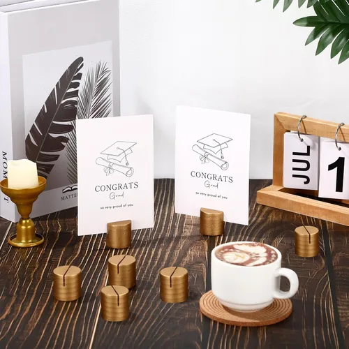 Vista 4 de Affrolling 12 soportes dorados para tarjetas de lugar, de madera, para números, mini soporte de mesa cilíndrica a granel para tarjetas