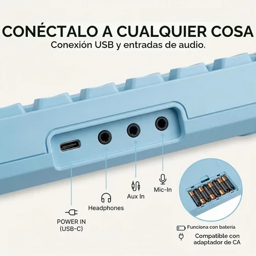 Vista 5 de RockJam Mini teclado RJ490 de 49 teclas con altavoces, azul bebé