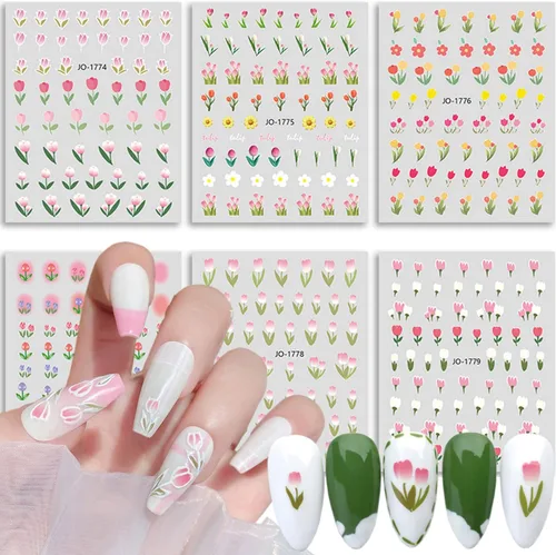 Vista 11 de Calcomanías de arte de uñas de flores, holográficas 5D en relieve de flores en relieve de corazón, calcomanías autoadhesivas para uñas, decoración
