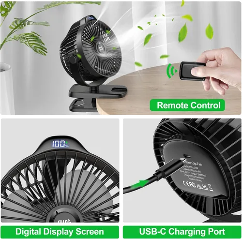 Vista 4 de Minthouz Ventilador de clip – Ventilador pequeño recargable USB C de 8000 mAh con indicador de nivel de batería, rotación de 720° de bajo ruido