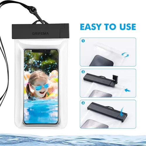 Vista 5 de GRIFEMA Funda impermeable para teléfono, paquete de 2 fundas impermeables para teléfono IPX8, transparente, para pantalla de natación, bolsa