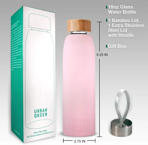 Vista 8 de Urban Green Botella de agua de vidrio con funda protectora de silicona y tapa de bambú, 18 onzas, tapa de acero inoxidable 304 1extra con asa, sin