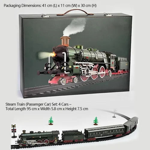 Vista 5 de Juego de tren eléctrico para adolescentes, locomotora de vapor de tren de aleación con carro y pista larga, regalo para Navidad y cumpleaños
