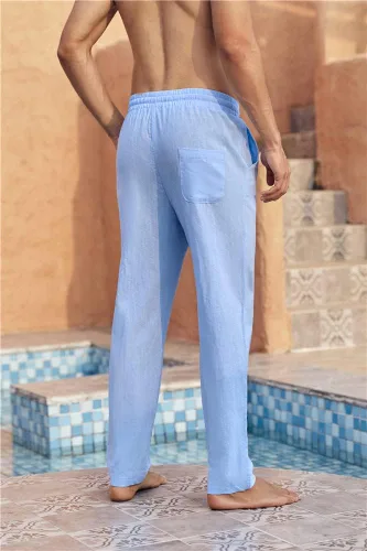 Vista 4 de Karlywindow Pantalones de lino para hombre, casuales, sueltos, ligeros, con cordón, cintura elástica, pantalones de verano para yoga y playa