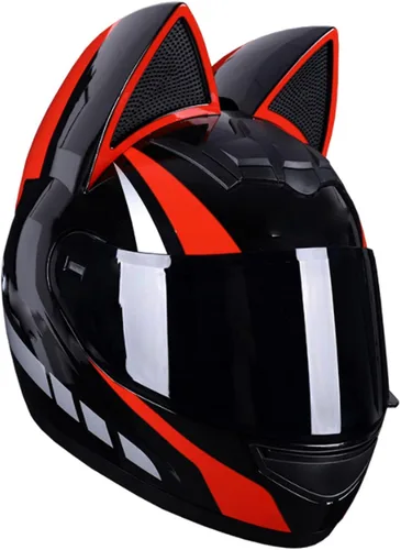 Vista 10 de Casco de locomotora con orejas de gato con certificación DOT, cómodo casco modular de cara completa para motocicleta, casco personalizado para Negro