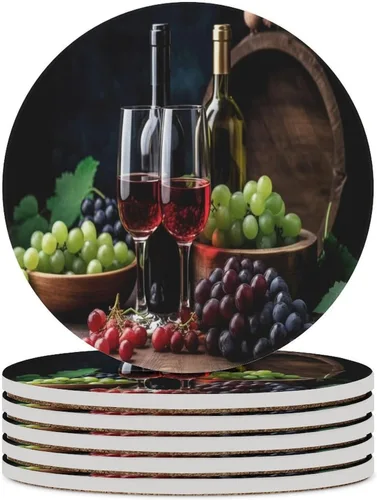 Vista 13 de 4 posavasos de vino tinto, cuadrados y modernos posavasos absorbentes de cerámica, estilo de pintura al óleo, vintage, vino tinto, uvas, rosa
