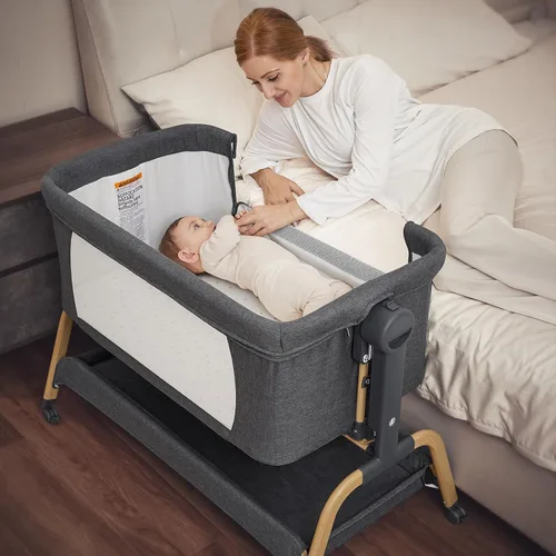 Vista 2 de ANGELBLISS Cuna de bebé 3 en 1, Cunas mecedoras para dormir al lado de la cama con colchón cómodo y ruedas, 6 alturas ajustables, plegable fácil