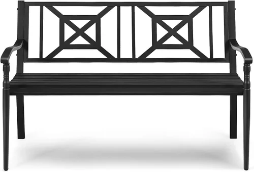 Vista 9 de S AFSTAR Banco de jardín al aire libre, asiento de metal para porche con asiento y respaldo decorativo, sofá biplaza para 2 personas para patio