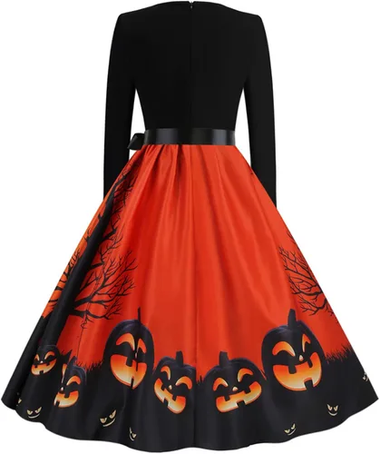 Vista 7 de Vestido de Halloween para mujer estampado de moda manga larga cuello cuadrado casual dobladillo 2022